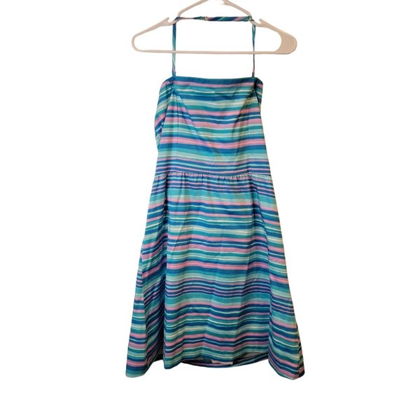 Garnet Hill Size 6 Dress Blue Striped Fit Flare Halter Sundress - Picture 1 of 5